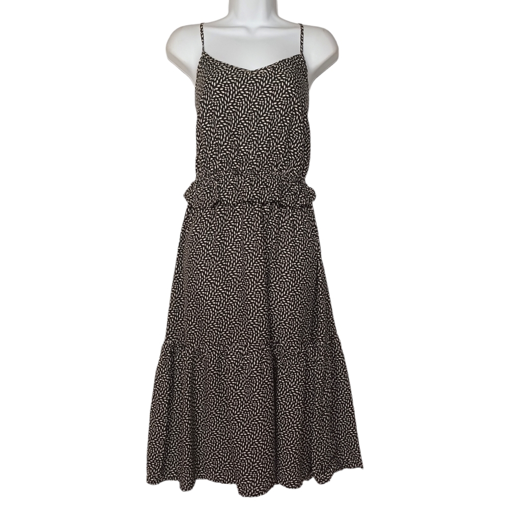 MOSSIMO White Abstract Print Sleeveless Ruffle Tiered Midi Black Dress Large